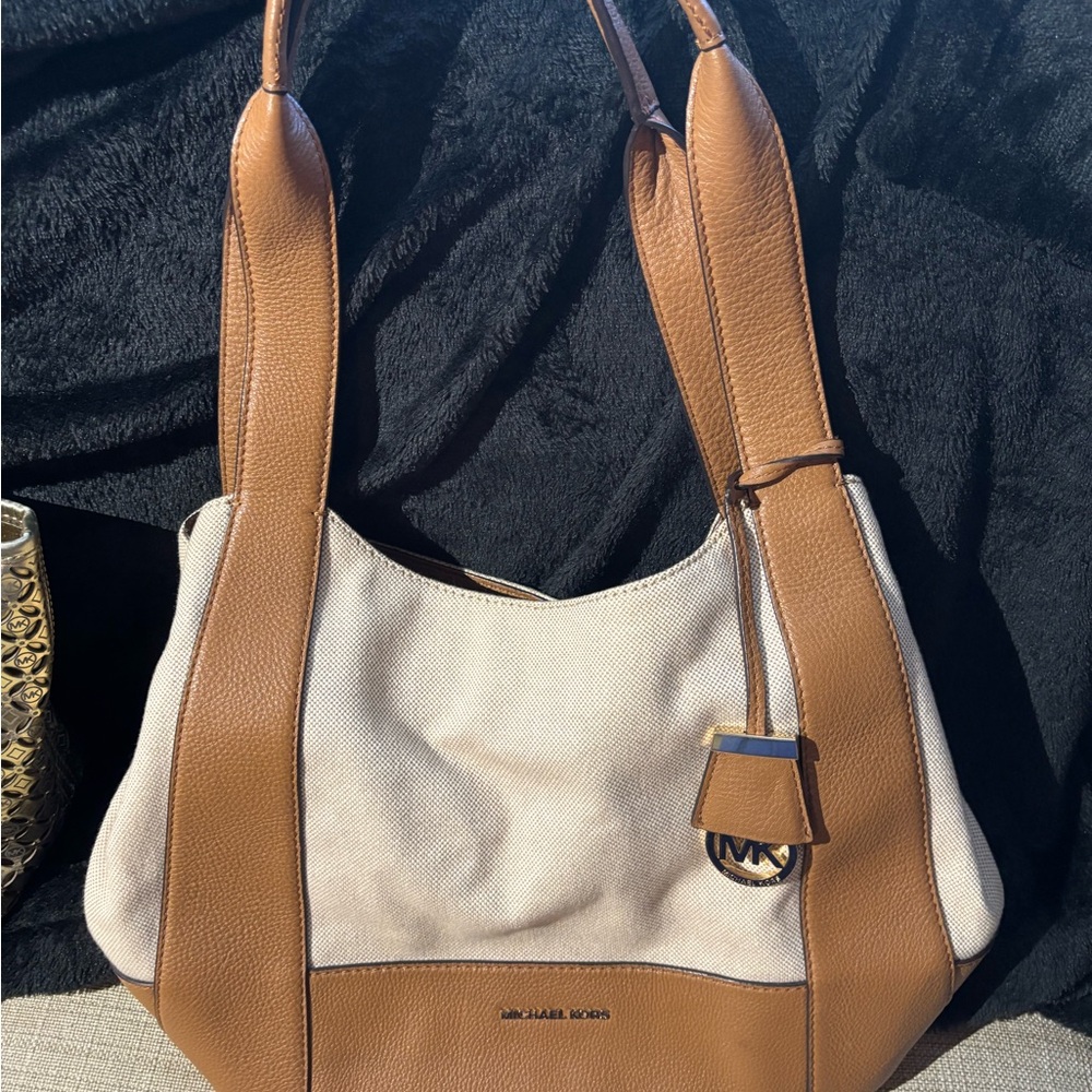 Michael Kors Beige and Brown Canvas Shoulder Bag